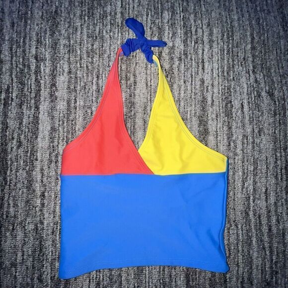 Hanna Andersson Girls‎ Swim Top Size 6-7 Color Block Blue Red Yellow Halter EUC - Picture 1 of 4